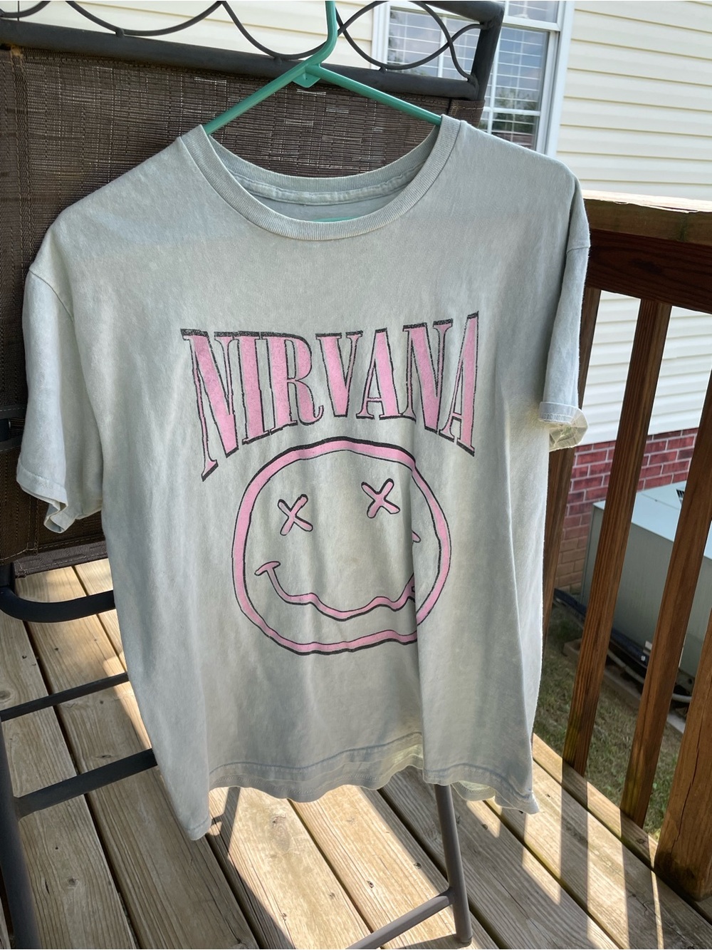NIRVANA Light Green Tee with Pink Graphic
